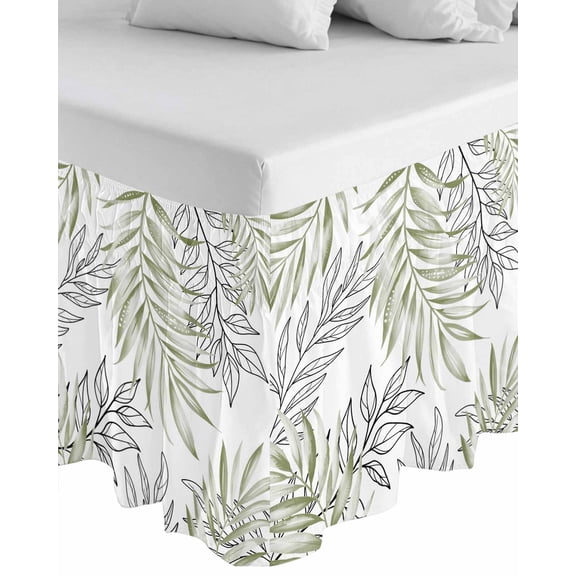 Sage Green Leaves Wrap Around Bed Skirts for King Bed 18" Drop,Bed Skirt with Adjustable Elastic Belt Dust Ruffle Bed Valance for Bedroom Abstract Modern Geometric Lines Simple Art Bed Frame Cover