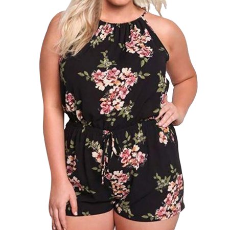 

Quealent Women Jumpsuits Women Plus Size Printed Sleeveless O-Neck Rompers Short Jumpsuits Rompers Black XL