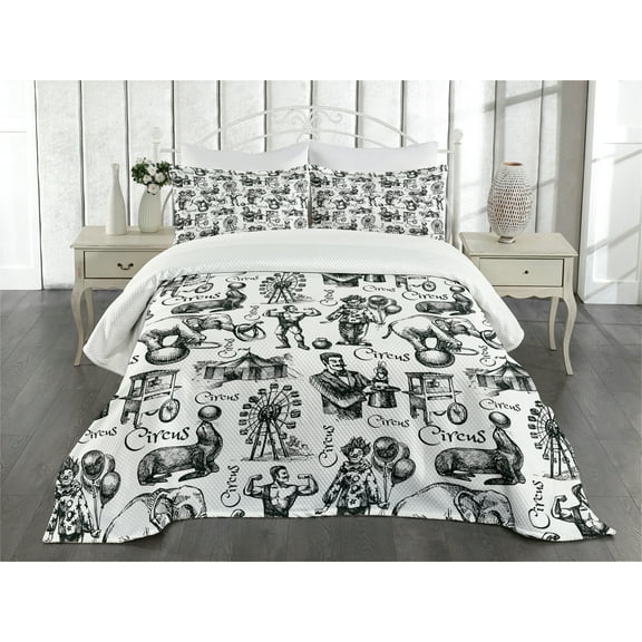 Ambesonne Modern Quilted Bedspread Set 3 Pcs, Circus Magician Theme, King Size, Black and White