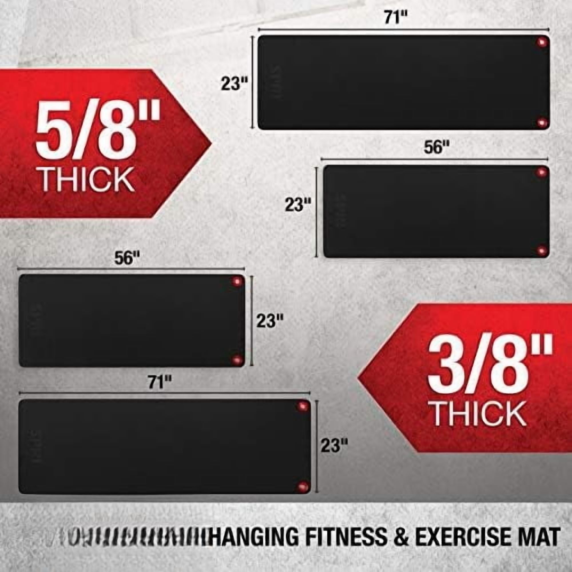 Hanging Exercise Mat, Fitness & Yoga Mat for Group Fitness Classes, Commercial Grade Quality with Reinforced Holes 71" L x 23" W x 3/8" (Black)
