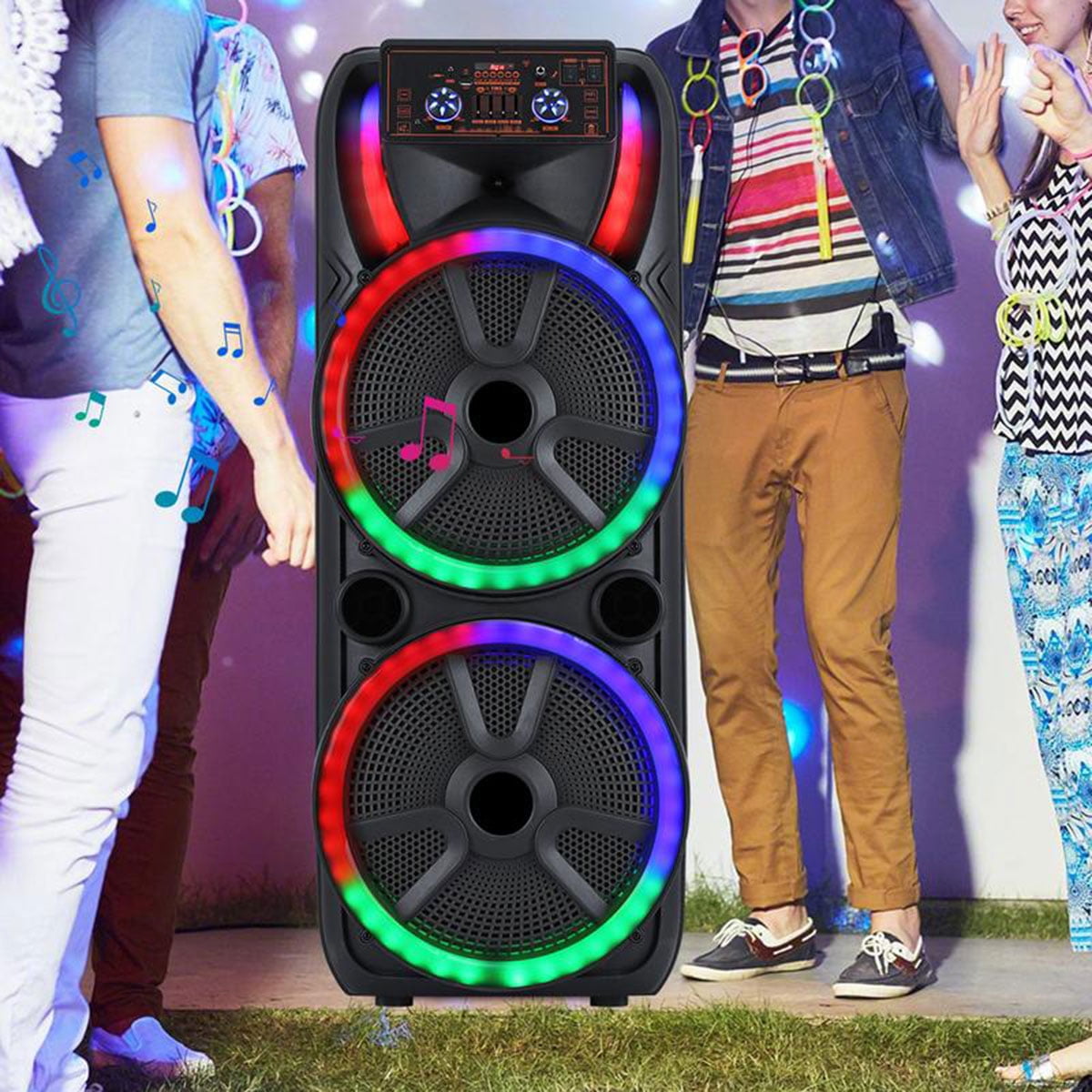 RIDWIND Dual 15-Inch Karaoke Party Speaker System with Wireless Bluetooth, 2 Microphones, LED Light Show, Portable Loud Speaker with Remote & Rechargeable Battery