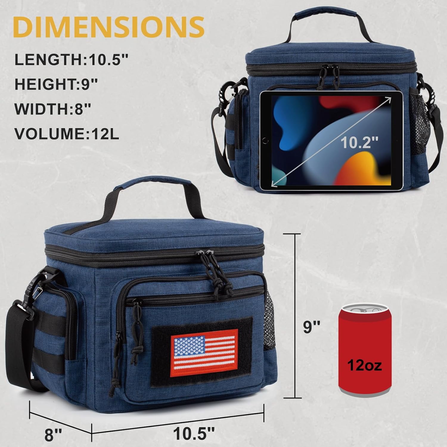 TRIPGEAR Lunch Box for Men, Mens Lunch Bag with Webbing Leakproof Insulated Large Capacity Cooler Bag with Adjustable Shoulder Strap(12.3L Blue)