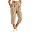 thumbnail image 3 of VBVC Women's Cotton Linen Elastic Waist Capri Pants , Summer Wide Leg Cropped Pants For Women,Ladies' Lightweight Trousers with Pockets,Khaki,S-3XL, 3 of 8