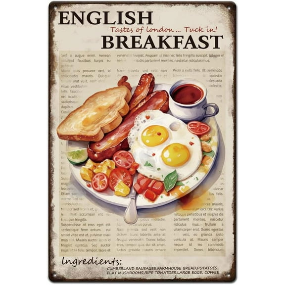 English Breakfast Metal Tin Sign Funny Breakfast Tin Sign Retro Metal Poster Taste of London Signs for Home Kitchen Restaurants Cafes Bars Pub Man Cave Wall Decor Plaque Sign Colorful