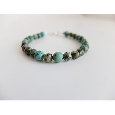 Natural African Turquoise 4-6mm Round Shape Smooth Cut Gemstone Beads 7 Inch Silver Plated Clasp Bracelet For Men, Women. Natural Gemstone Stacking Bracelet. | Lcbr_00036