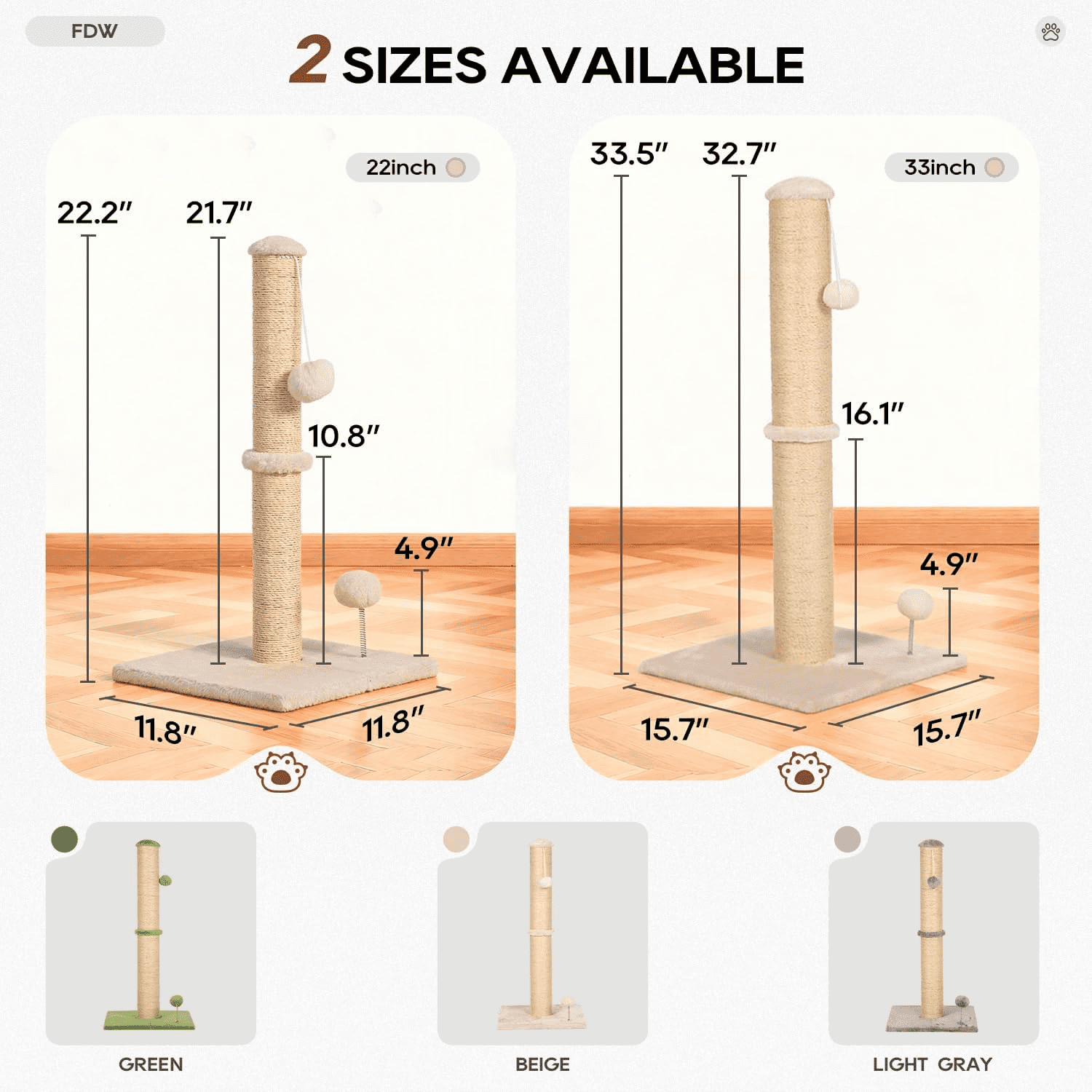 BORGEBY 33 Inch Cat Scratching Post, Natural Sisal Rope Cat Scratcher with Hanging Ball Toy for Indoor Cats and Adults ,Beige
