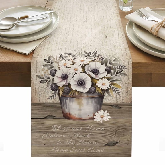 Vintage Flowers Table Runner - 70 Inch Long, Kitchen Dining Table Runner Dresser Scarves, Farmhouse Floral Leaves Retro Wood Board Farmhouse Decor for Coffee Tables Wedding Party Banquet