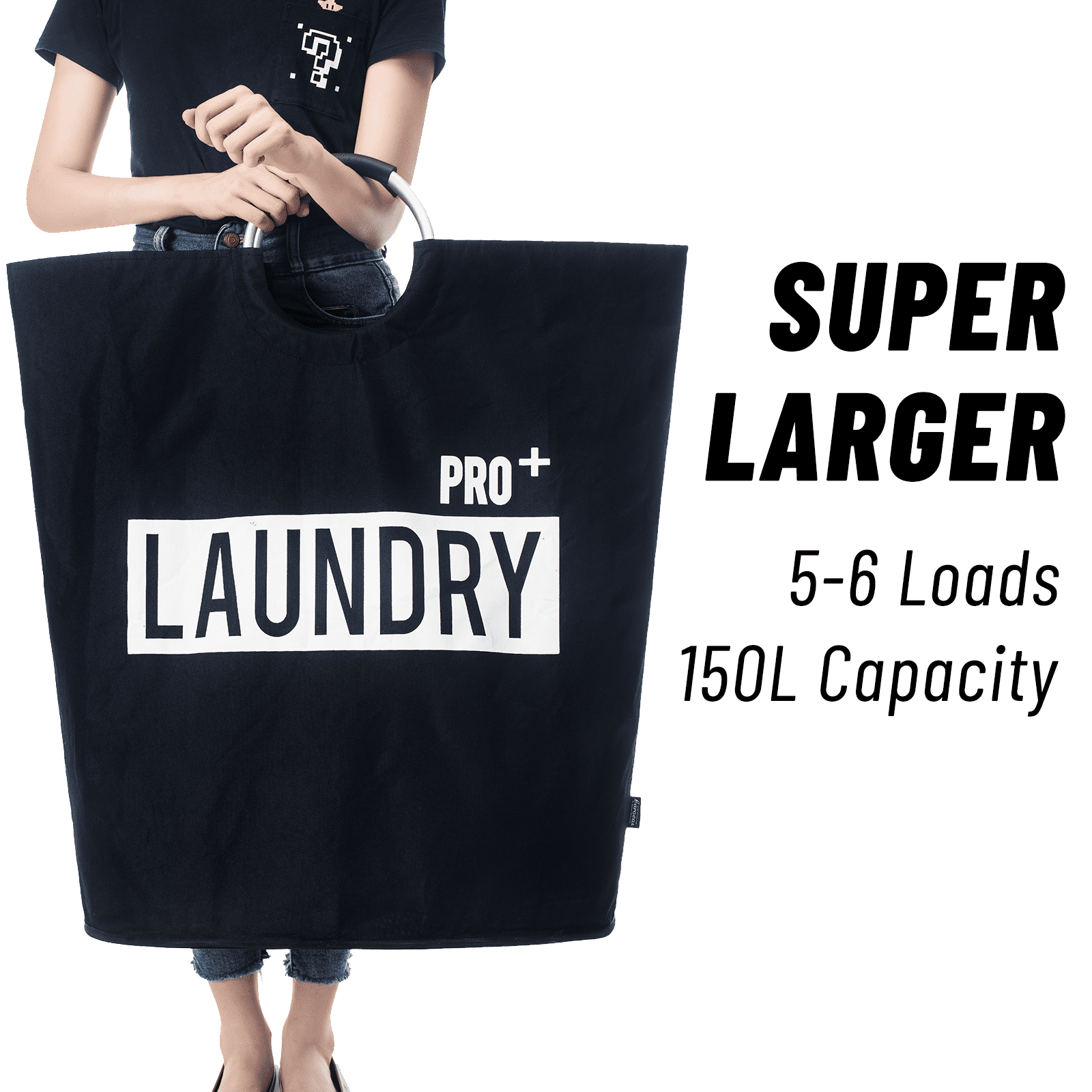 Caroeas Super Large 150L Laundry Basket Pro, Waterproof Laundry Hamper, Collapsible Laundry Basket Easy Storage, Clothes Hamper Stands Up Well, Laundry Bag with Padded Handles (Black)