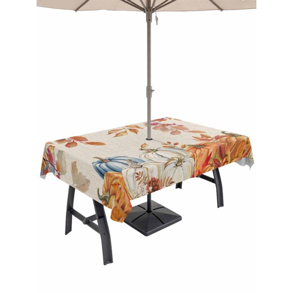 Outdoor Tablecloth with Umbrella Hole and Zipper, Orange Blue Thanksgiving Fall Rectangle Table Cloth 54x80 Inch Waterproof Tablecloth, Rustic Botanical Pumpkins Picnic Table Cover for Patio Camping