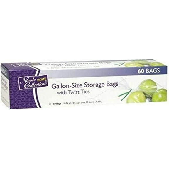 Gallon Size Plastic Food Storage Bags w/ Twist Ties 60CT BUNDLE (PACK OF 1)