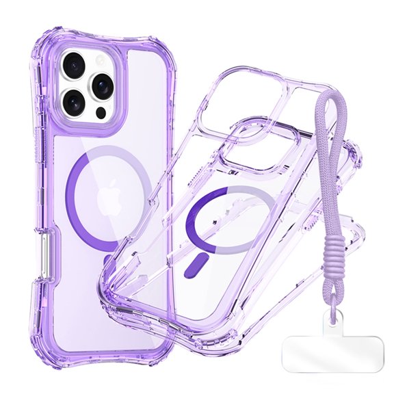 Allytechgroup Clear Rugged Case for iPhone 15 Pro Max with Lanyard, [Compatible with Magsafe] Not-Yellowing Shockproof PC TPU Hybrid Bumper Protective Cover for iPhone 15 Pro Max, Purple