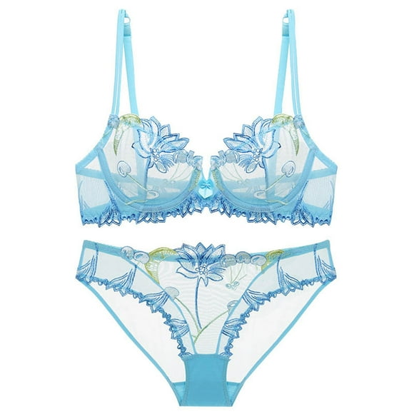 Womens Sexy and Pure Lace Bra Set French Small Chest Gathering Ultrathin Underwear Set Women's Bras Sets Crotchless Xs Bras Sets for Women 2 Piece High Waist Blue 38/85C