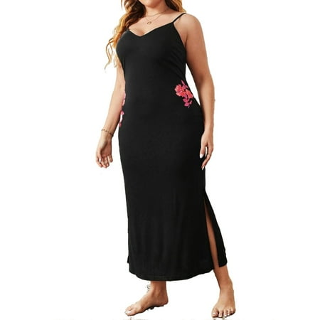 

Elegant Floral Spaghetti Strap Slip Dress Black Sleeveless Plus Size Nightgowns & Sleepshirts