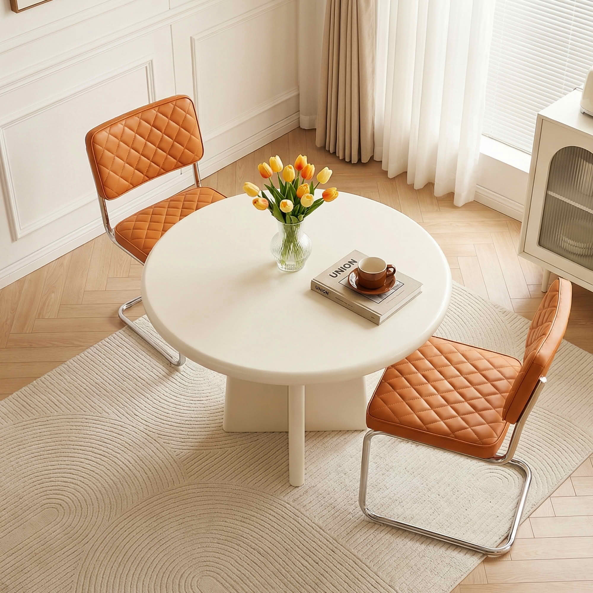 MAYEERTY 31.5 Inch Round Dining Table, White Minimalist Kitchen Dinner Table with Intersecting Cross Base for 2 to 4 People