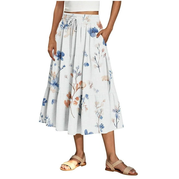 cocolona Skirts for Women Casual Summer Floral Print Flowy Midi Skirts Elastic Waist A Line Beach Vacation Boho Skirts with Pockets White XL