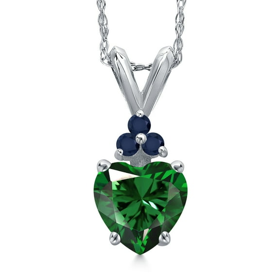 Gem Stone King 14K White Gold Green Nano Emerald and Blue Sapphire Pendant Necklace for Women | 0.73 Cttw | Gemstone May Birthstone | Heart Shape 6MM | With 18 inch Chain