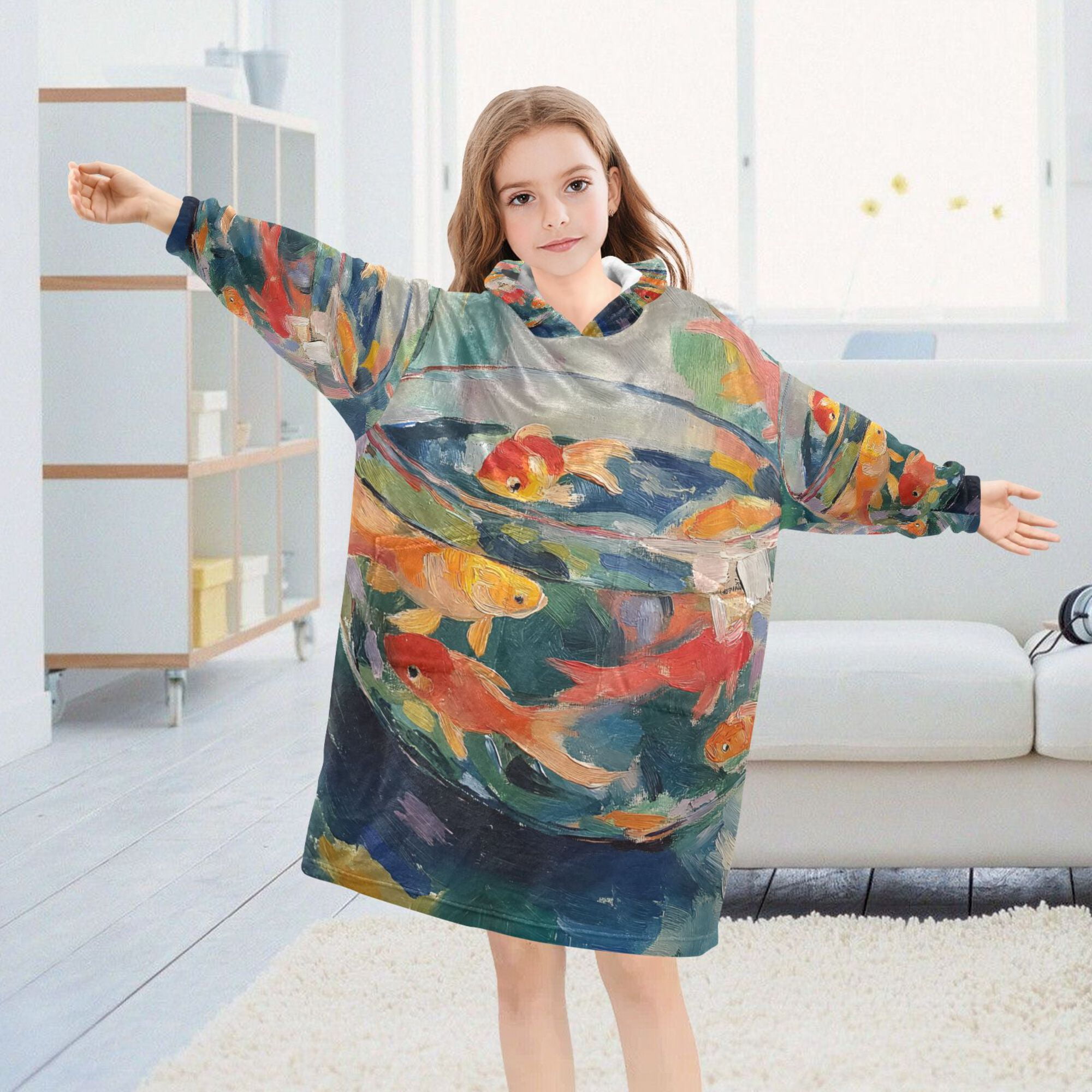 FORMRS Wearable Blanket Hoodie with Sleeves for Kids Cozy Flannel Sweatshirt, Green Goldfish