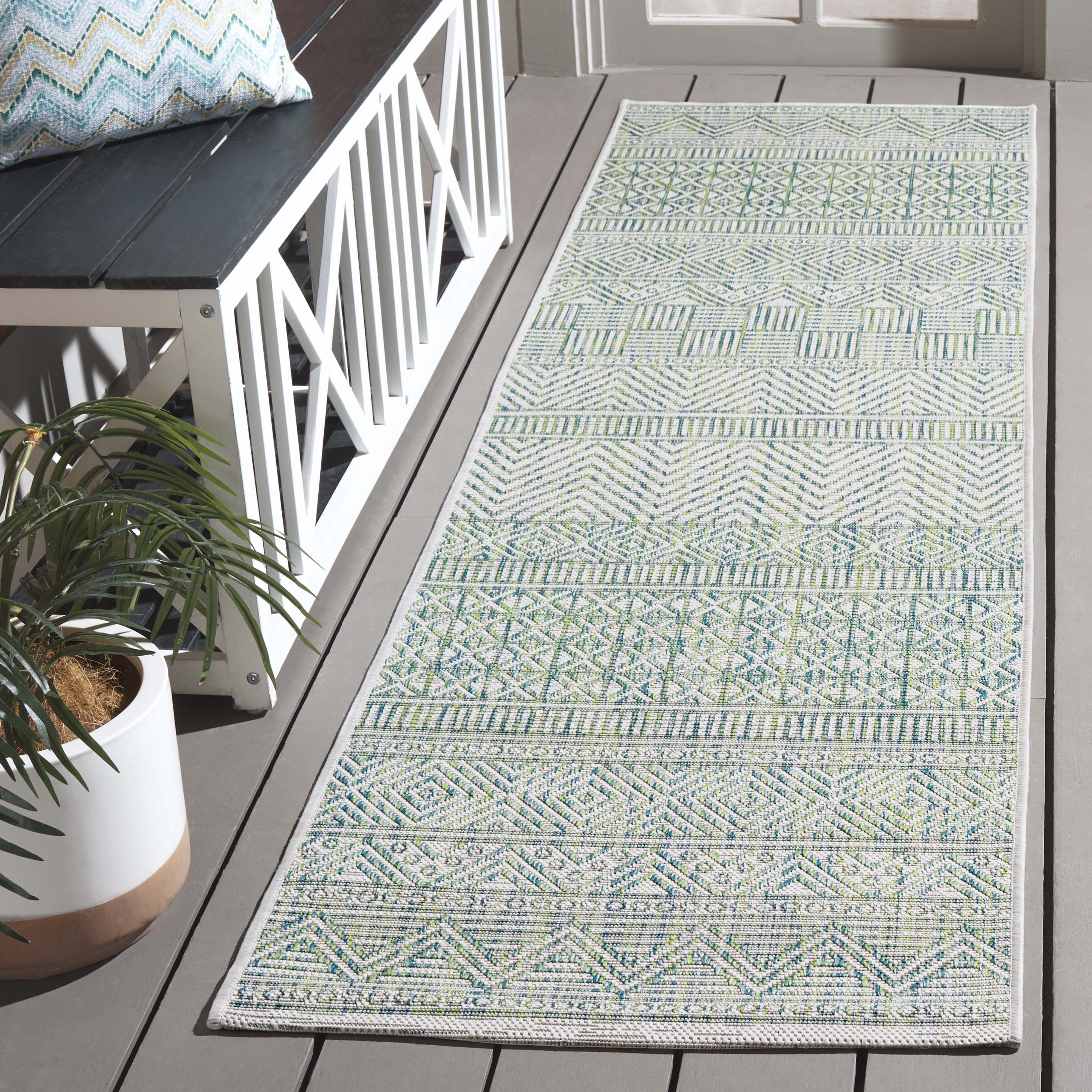 SAFAVIEH Courtyard Altan Geometric Indoor/Outdoor Runner Rug, Beige/Green, 2'3" x 8'