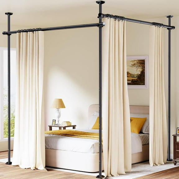 Room Divider Drape Rod |  No Drilling Tension Rod for Room Separation,  4-10ft(H)28-114inch(W) Adjustable Heavy Duty Floor to Ceiling Wall Divider Room Partition Privacy Separator,  Black