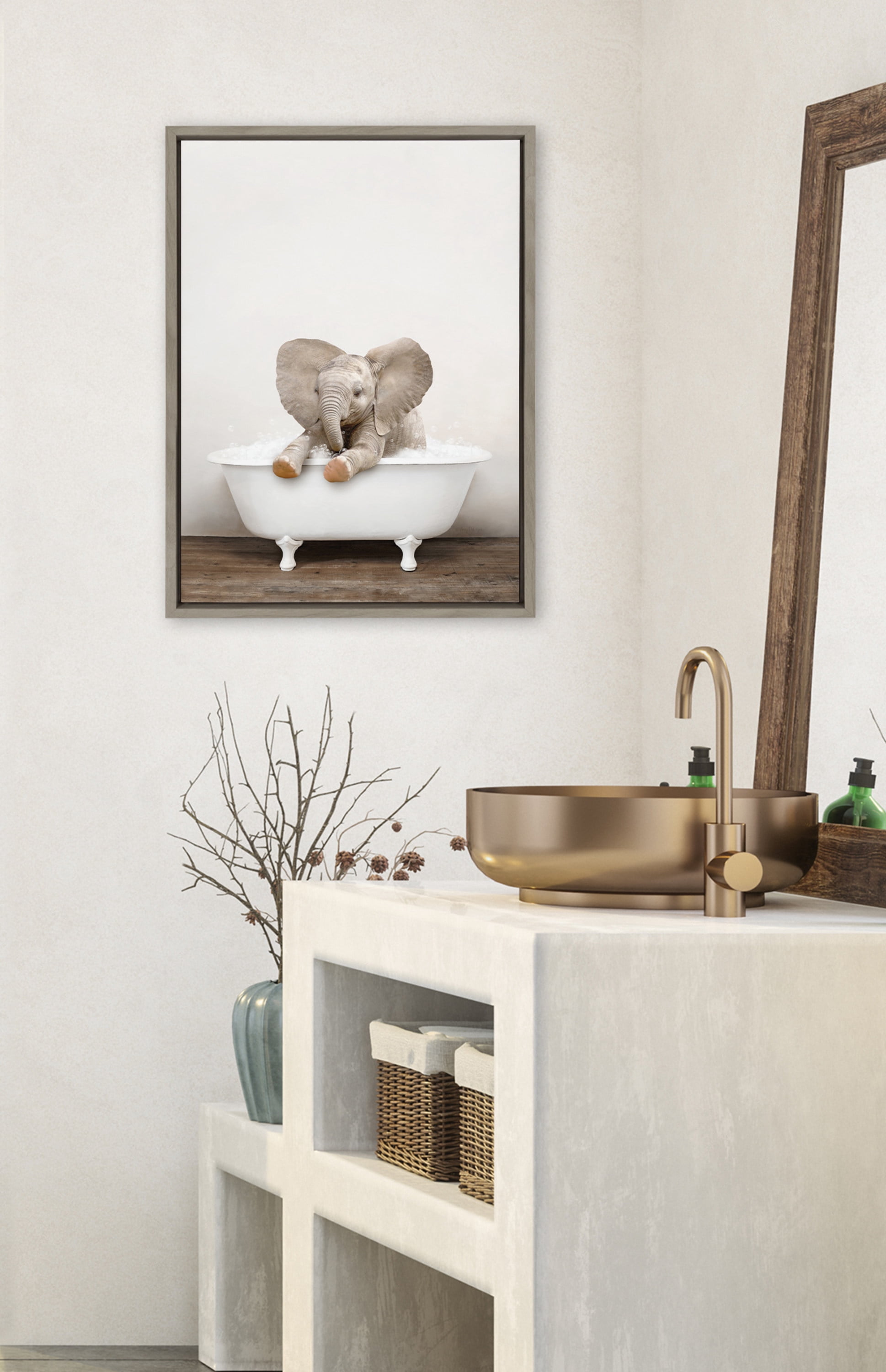 Kate and Laurel Sylvie Baby Elephant No 6 in Rustic Bath Framed Canvas Wall Art by Amy Peterson Art Studio, 18x24 Gray, Modern Fun Decorative Bathtub Wall Art for Home Décor