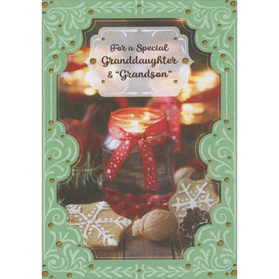 Designer Greetings Jar with Berries Among Cookies and Nuts on Table Christmas Card for Granddaughter and 'Grandson'