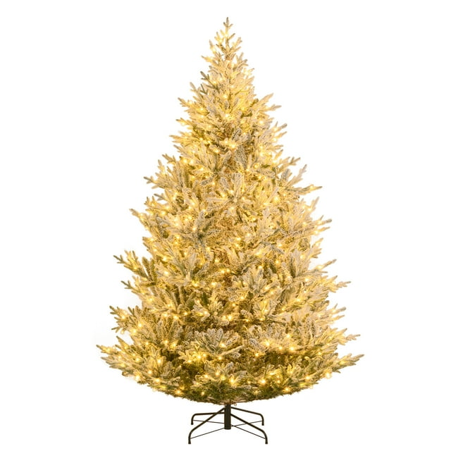 Costway 8 FT Artificial Christmas Tree with 1470 Flocked Branch Tips, 580 Warm White LED Lights