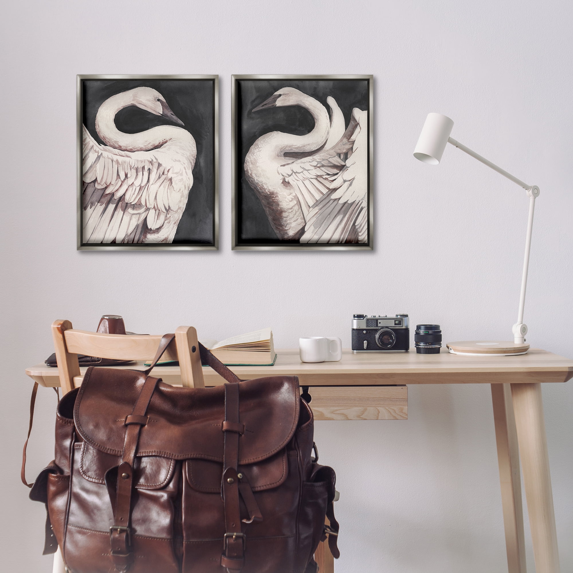 Stupell Industries Swans Taking Flight Animals Painting Gray Floater Framed Canvas Art Print Wall Art, 17 x 21, Set of 2