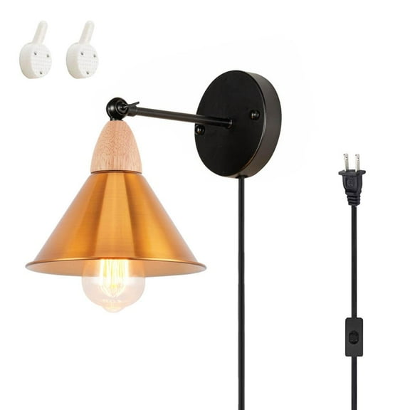 KAYYELAMP Vintage Wall Sconce 5.9ft UL Plug-in Cord Wood Base Gold Metal Shade Industrial Style Porch Light for Cabinet Kitchen Hotel Bulb Sold Separately
