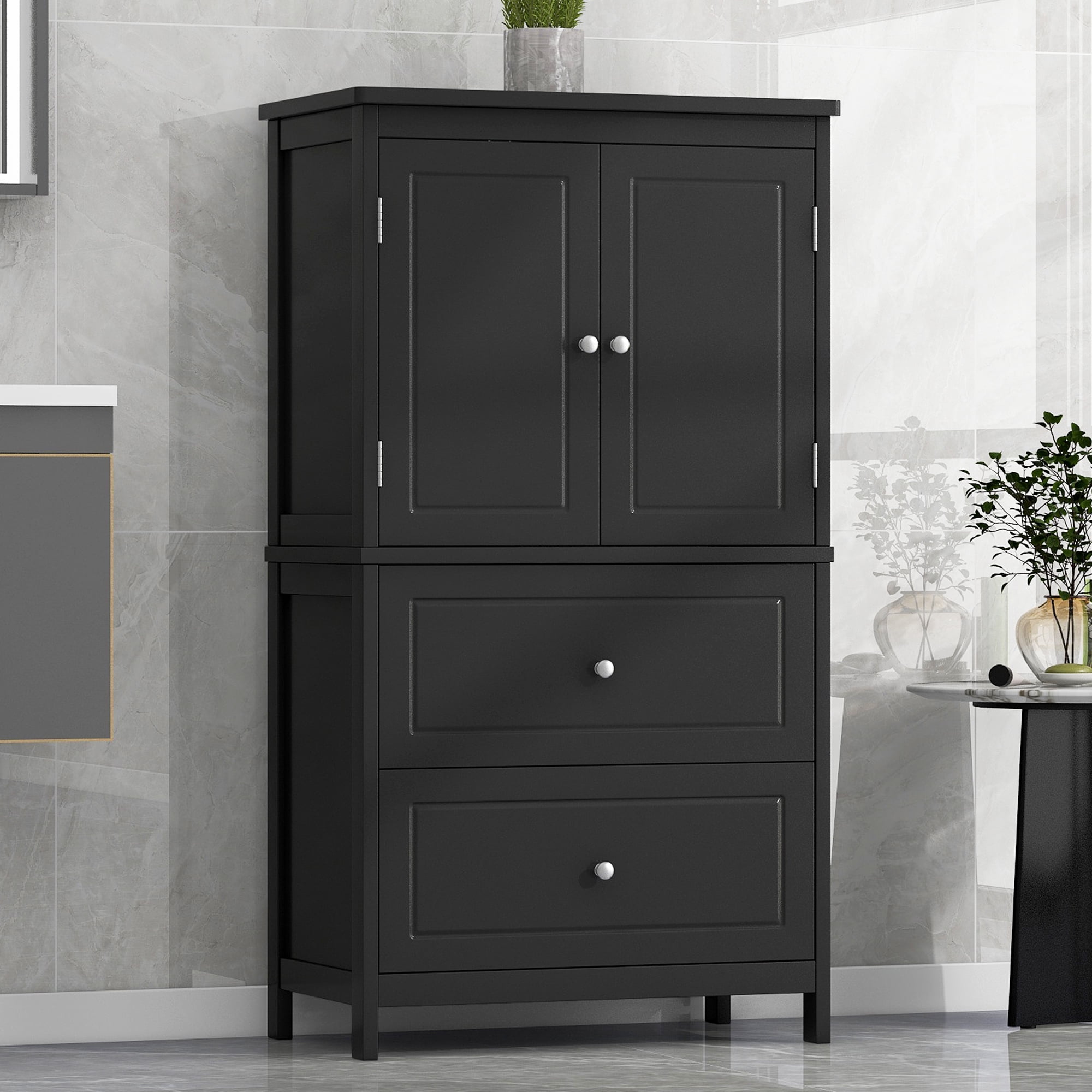 Bathroom Storage Cabinet with Two Doors and Drawers, Adjustable Shelf, MDF, Black