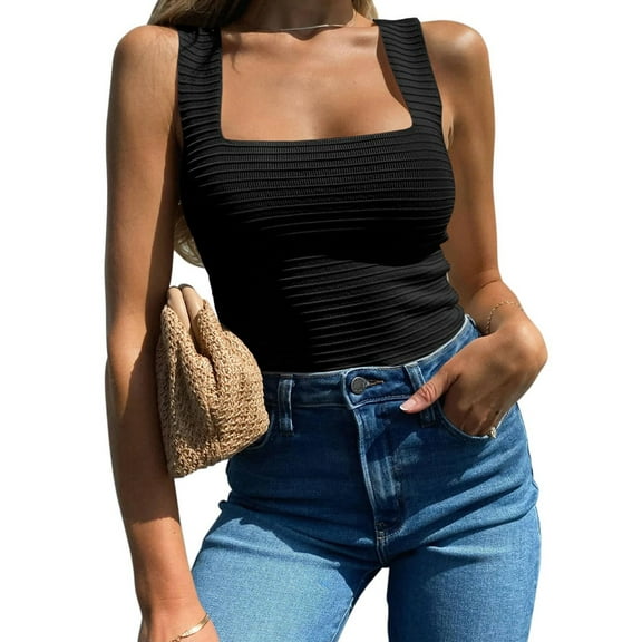 Womens Ribbed Tank Tops 2025 Summer Sleeveless Square Neck Shirts Casual Slim Fitted Knit Shirts Black L
