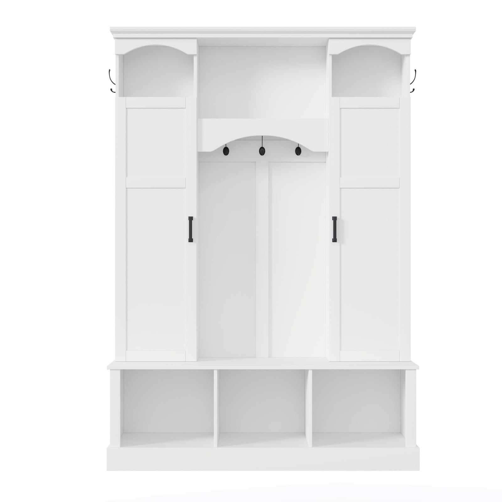Modern Farmhouse Entryway Hall Tree with Bench, All-in-One Coat Rack Shoe Storage with 2 Side Cabinets, Adjustable Shelves & 7 Hooks, Arched Hallway Organizer for Mudroom Entryway, White
