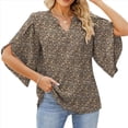 thumbnail image 2 of Blusas de Mujer con Mangas 3/4 y Cuello en V Holgado con Estampado de Pétalos de , Blusas de Trabajo de Negocios Flores Marrones XL, 2 of 7
