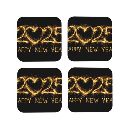 

KLL Drink Coasters Set Square of 4 PU Leather Absorbent Coasters Set Decorative Coffee Cup Coasters Housewarming Gift for Home Decor-Happy New Year 2025 D