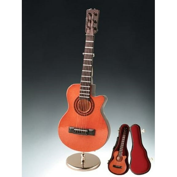 Miniature Classic Brown Guitar with Cutaway Case and Stand Replica Mini Figurine 7 Inch