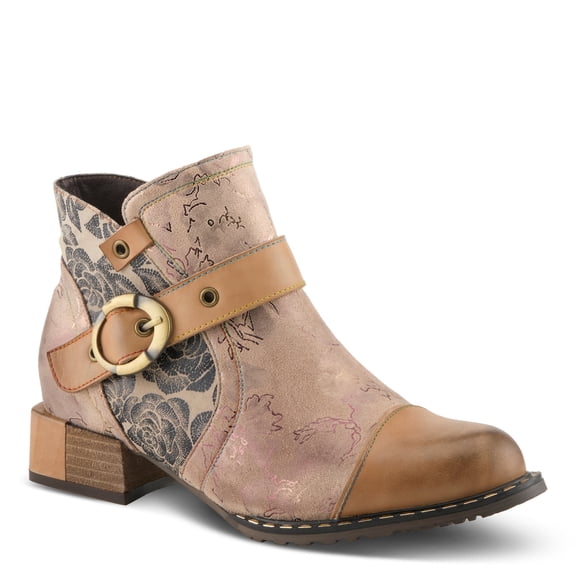 Spring Step L'Artiste Women’s Hand-Painted Leather Ankle Boots — Bold Buckle Strap with Side Zipper Closure — Cushioned Faux Fur Insole, 2" Block Heel