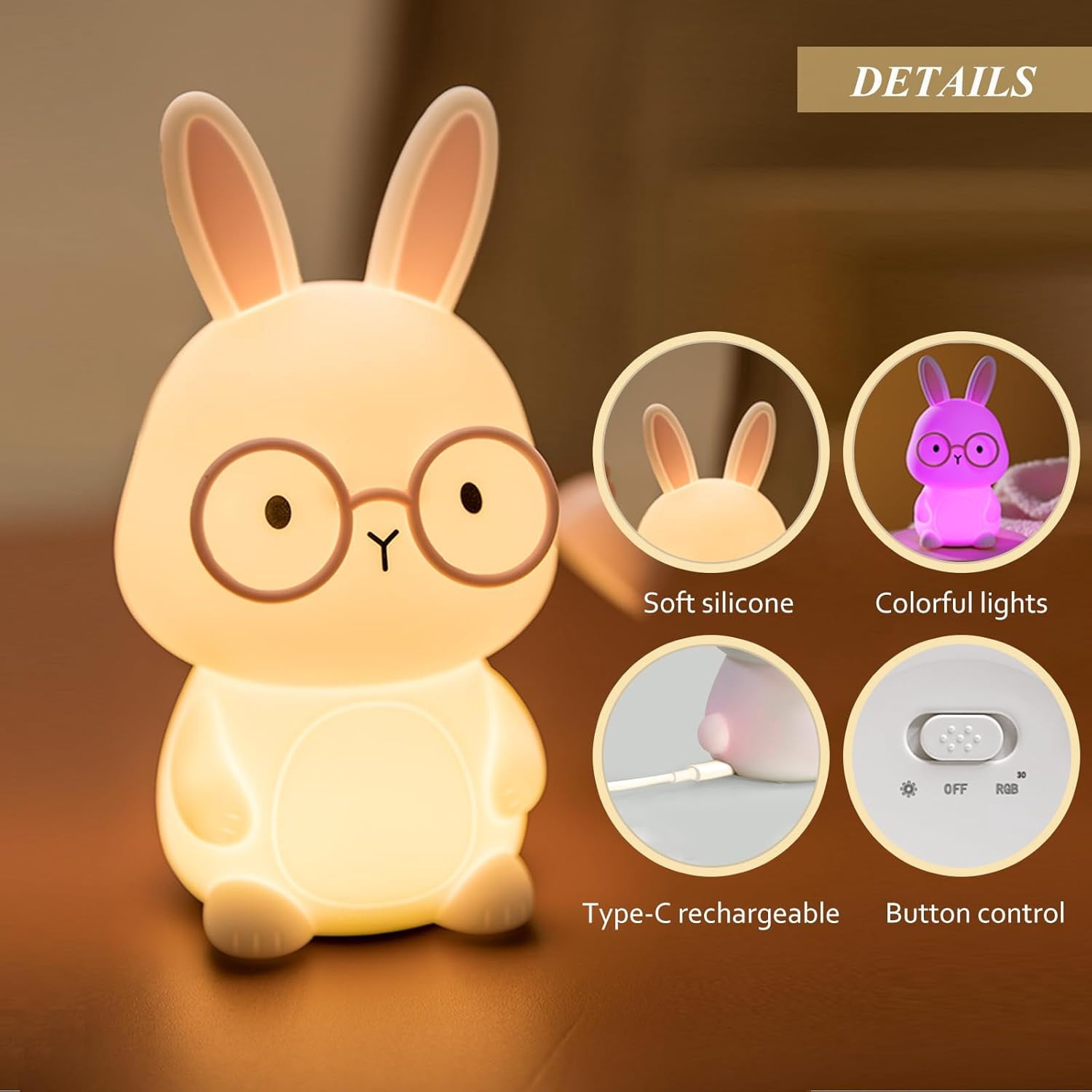 Bunny Night Light for Kids, Cute White-Pink Silicone Rabbit Lamp, 7 Colors RGB & 3-Level Warm Light, 30-Min Timer Rechargeable Touch Night Light, Easter Gifts for Baby Toddlers