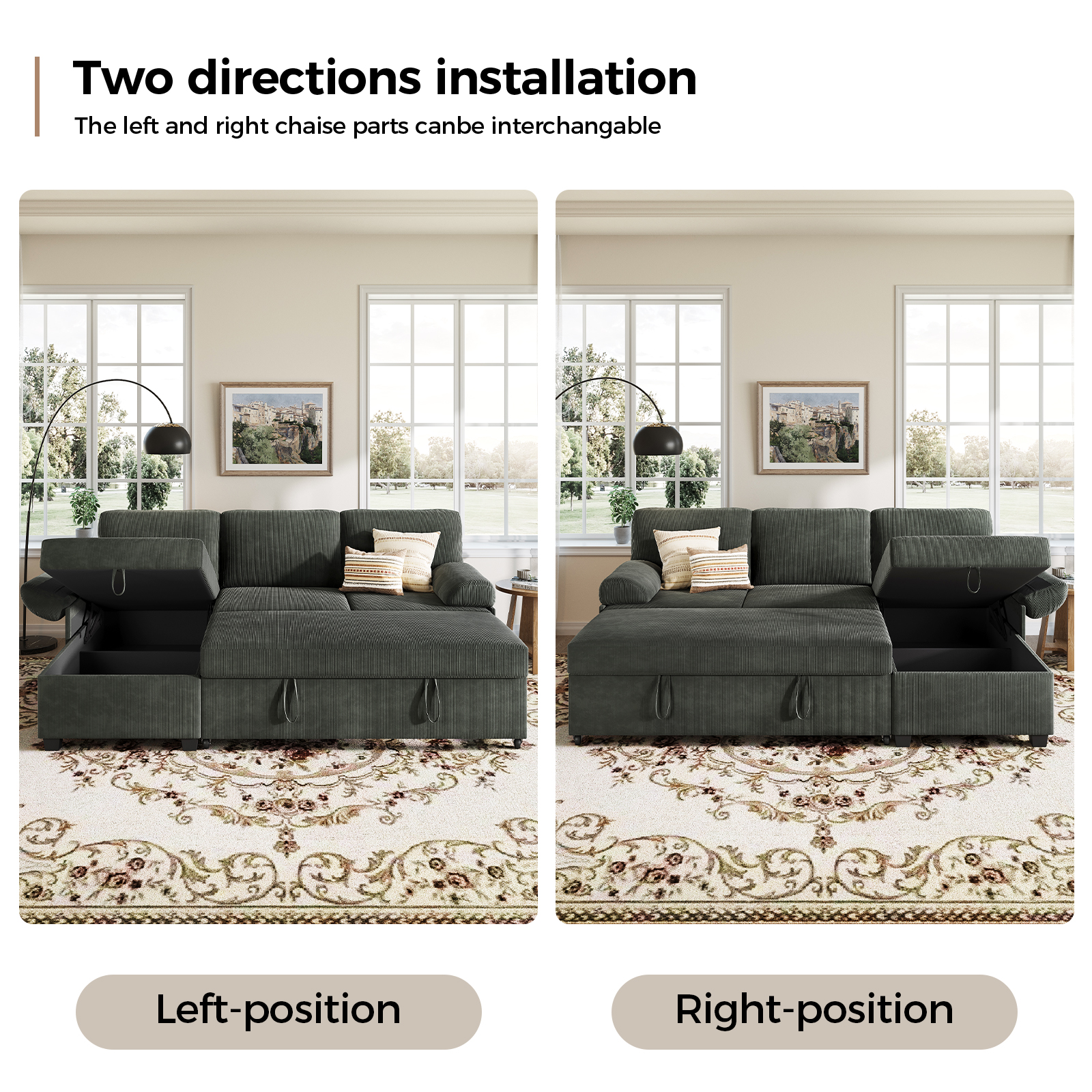 COPIAE 80 inch Convertible Sectional Sofa, L-Shaped Sofa Sleeper with Reversible Chaise,Couch Bed with Storage,Removable Armrest,Modern Pull Out Bed for Living Room Bedroom,Corduroy Gray