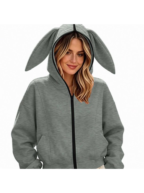 Women's Zip Up Hoodie Cute Bunny Ear Long Sleeve Sweatshirts Loose Fit Solid Color Hooded Jacket Gray Size S