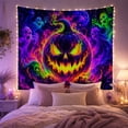 thumbnail image 2 of Glowing Jack O'Lantern with Skull Spirits in Cosmic Smoke, Spooky Psychedelic for Dark Art Lovers, Spooky Wall Art Decor, Halloween Gift Tapestry Wall Hanging for Bedroom and Living Room, 2 of 7