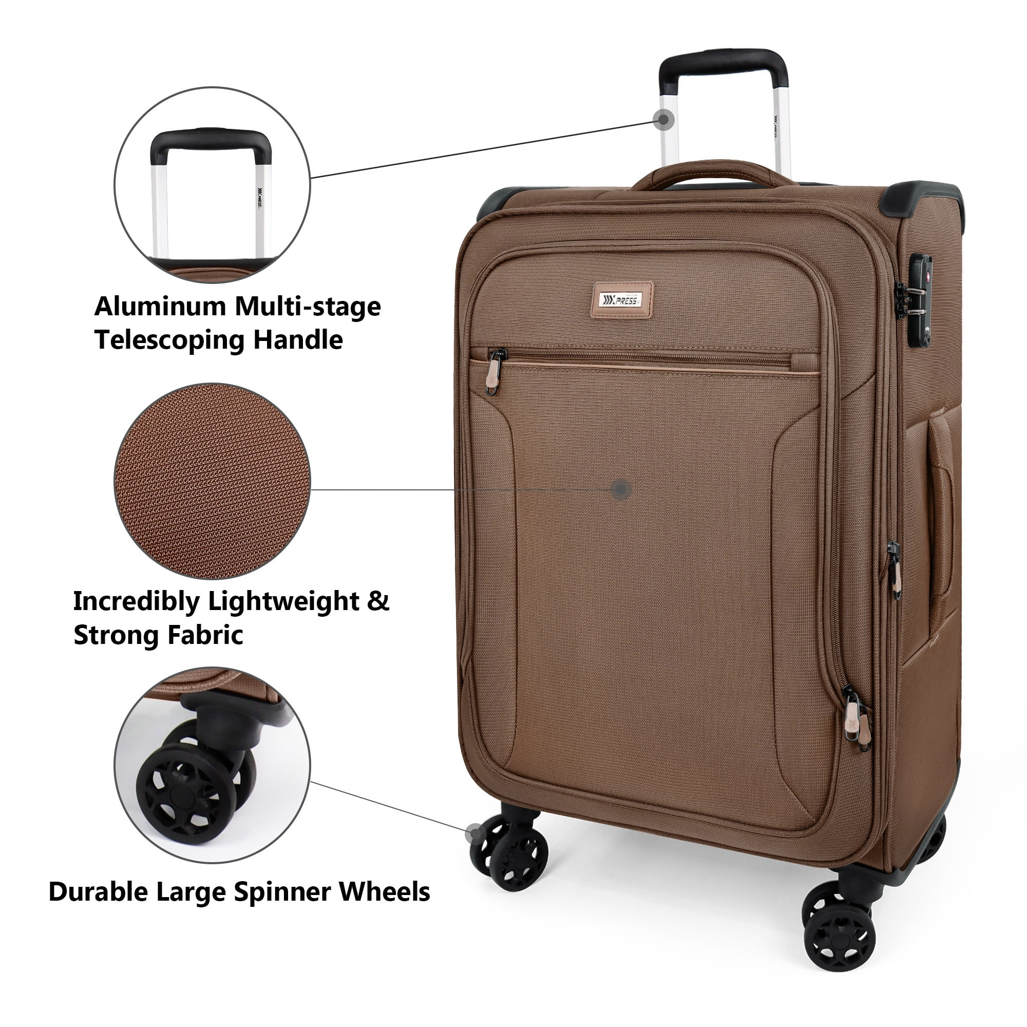 28 Inch Large Softside Checked Luggage,Expandable Soft Shell Suitcase with Spinner Wheels and TSA Lock,Durable Lightweight Travel Case,XJ1907-Coffee