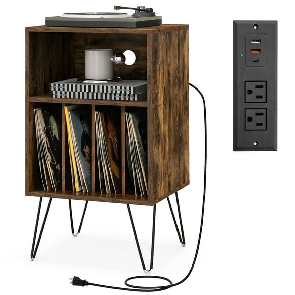 Costway 1 PCS 3-Tier Record Player Stand with Charging Station Shelf & 4 Dividers for Bedroom Rustic Brown