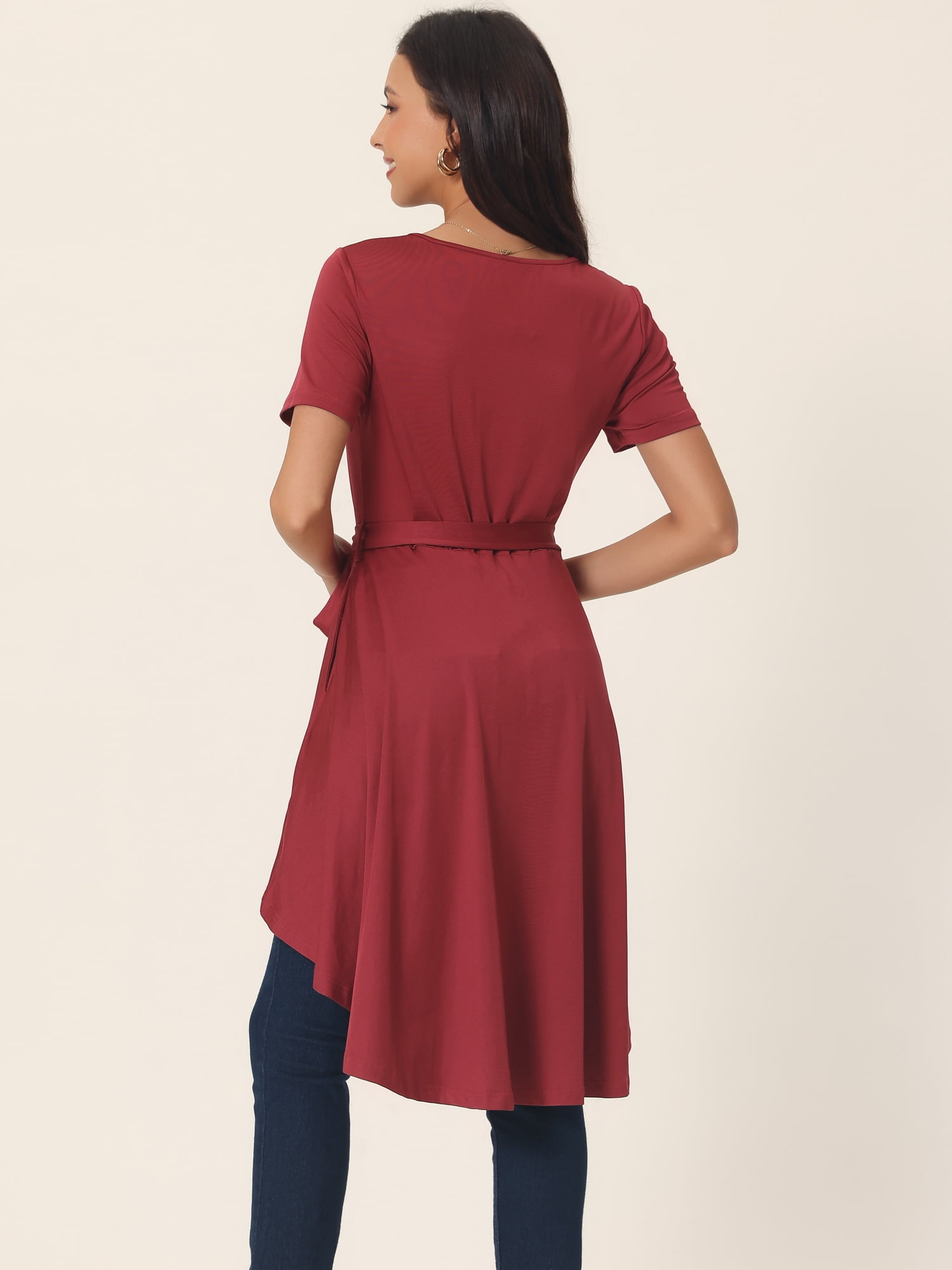 Unique Bargains Women's High Low Hem Tie Waist Asymmetrical Irregular Hem Blouse XL Wine Red