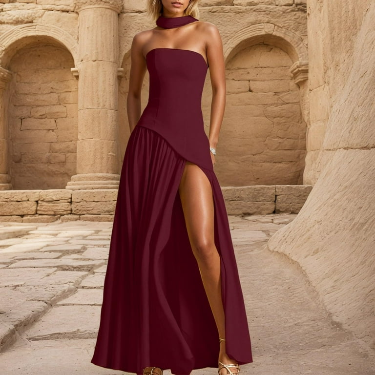 THDHVS Wedding Guest Dress,Plus Size Cocktail Dress,Women Solid Color  Strapless Maxi Dress with Mixed Texture Panels Casual Elegant Black
