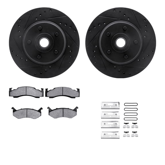 Dynamic Friction Company Front Brake Rotors-Drilled and Slotted-Black with Heavy Duty Brake Pads includes Hardware 8212-39061