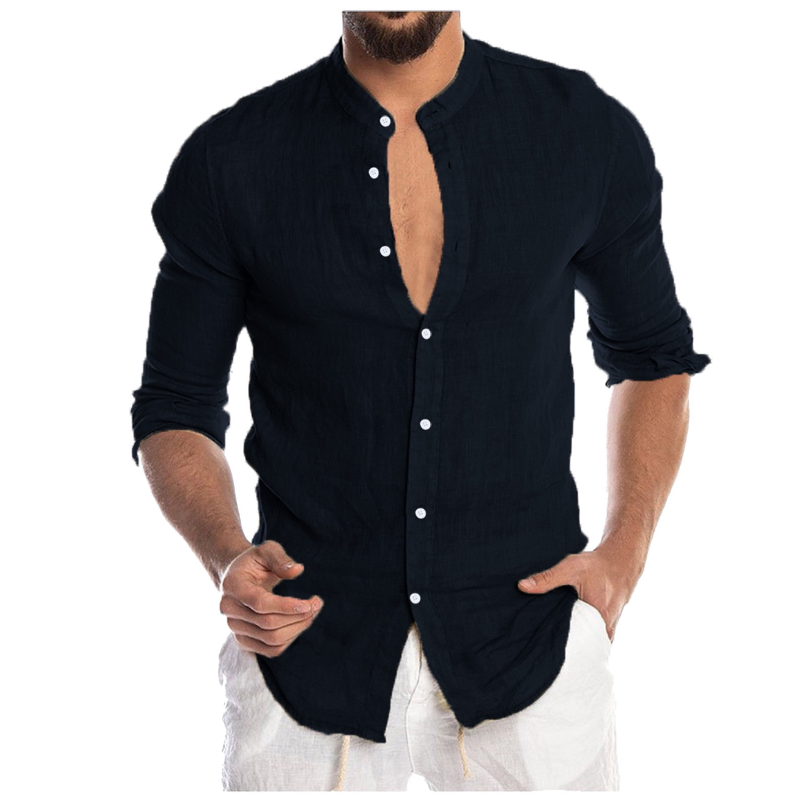 Men's Linen Style Solid Shirts Casual Long Sleeve Fit Formal Dress Top Tee Shirt