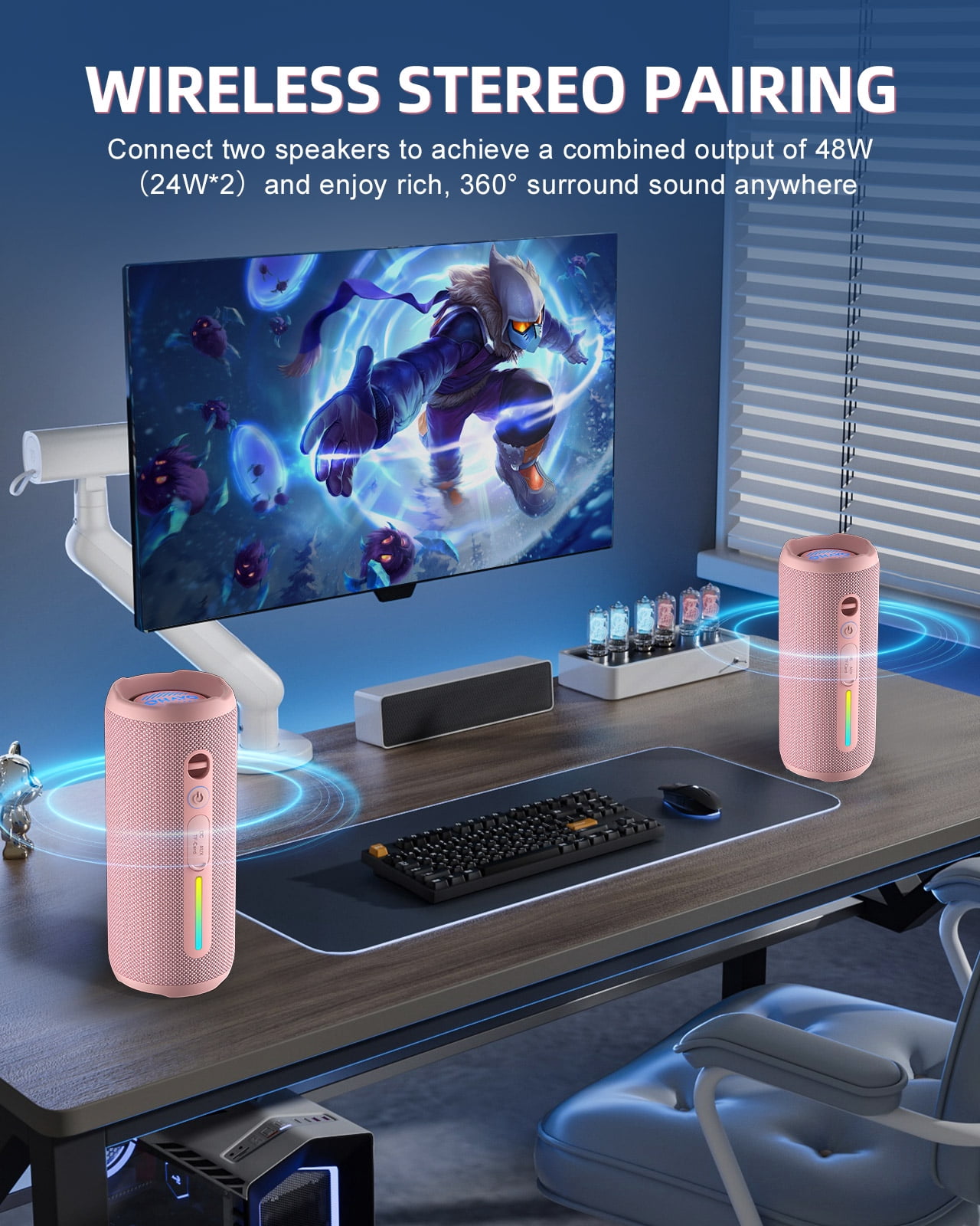 Portable Bluetooth Speaker, 24W Stereo Sound, IPX7 Waterproof, Bluetooth 5.3, RGB Lights, Dual Pairing, 30H Playtime for Outdoor Home Party