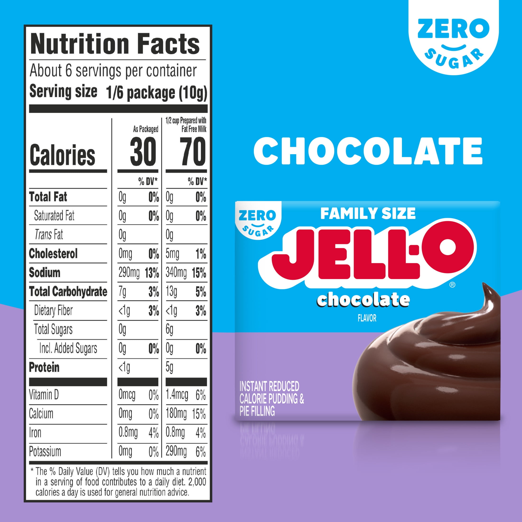 Jell-O Chocolate Flavor Zero Sugar Instant Reduced Calorie Pudding & Pie Filling, Family Size, 2.1 oz. Box