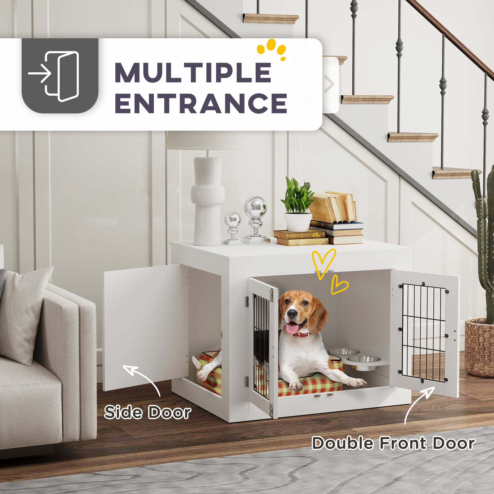 PawHut Dog Crate Furniture with 360Â° Rotatable Removable Dog Bowls, Two Doors, Non-slip Foot Pads, Dog Kennel Furniture for Medium Dogs, White