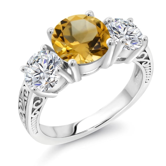 Gem Stone King 925 Sterling Silver Yellow Citrine and Lab Grown Diamond Engagement Ring for Women | 2.98 Cttw | Round 8MM | Gemstone November Birthstone | Size 9