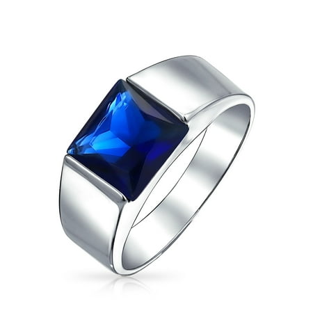 3CT Princess Cut Square Solitaire Simulated Blue Sapphire CZ Mens Engagement Ring Pinky Ring 925 Sterling Silver For